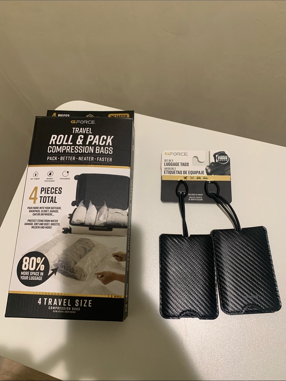 G/FORCE Black Travel Roll & Pack Compression Bags with Black Luggage Tags